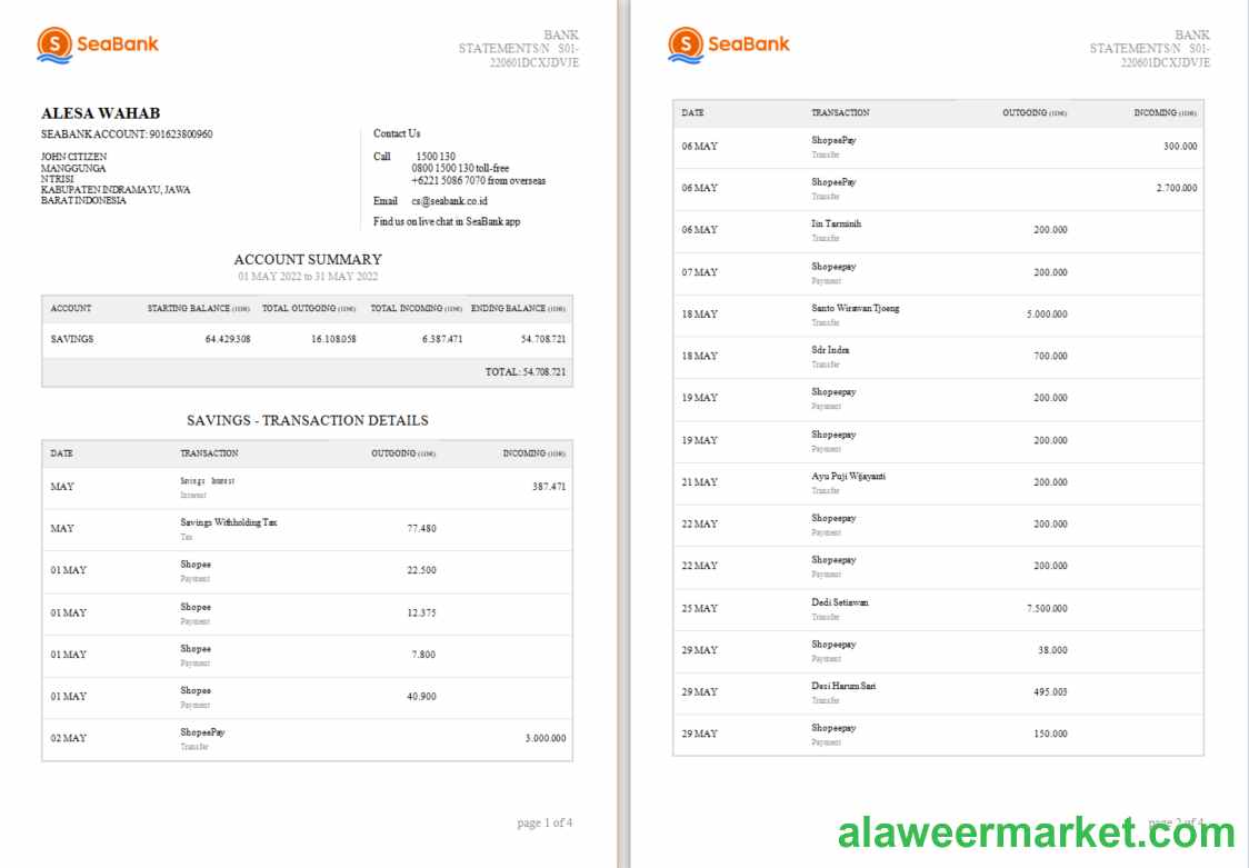 Indonesia Seabank statement Word and PDF template, 4 pages  1 2 scr